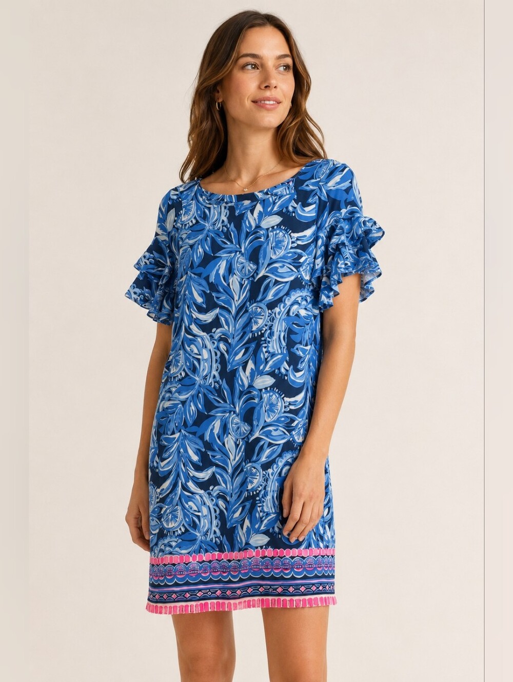 Lilly Pulitzer Blue Floral A-Line Dress XS Pink Border Ruffle Sleeve Rayon Spand